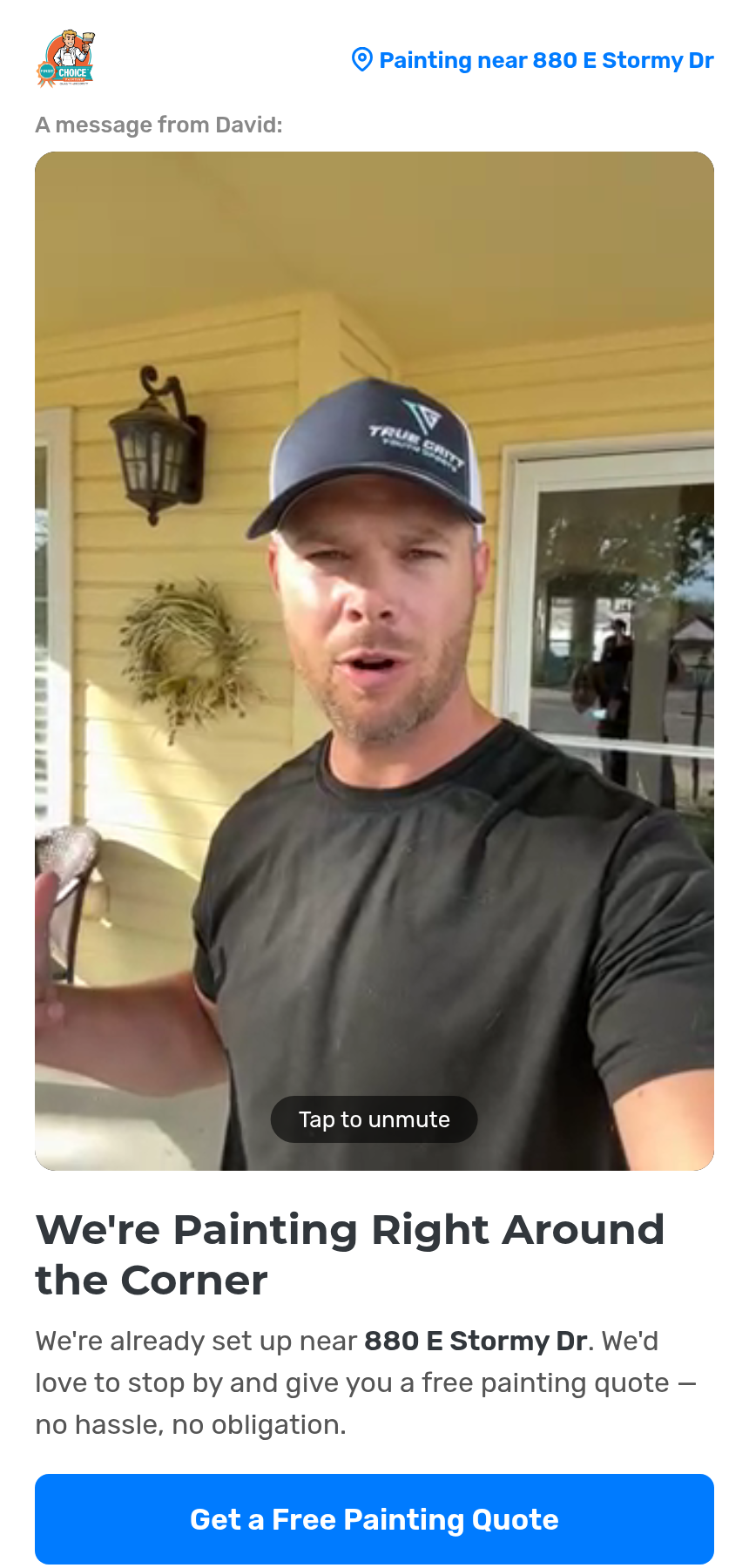 Example KnoqGen landing page — 880 E Stormy Dr, with a 30-second video from David and a Get a Free Painting Quote button.